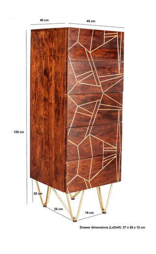 Solid Wood Tall 5-Drawer Chest – Dark Walnut & Brass Inlay