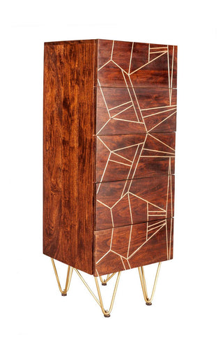 Solid Wood Tall 5-Drawer Chest – Dark Walnut & Brass Inlay