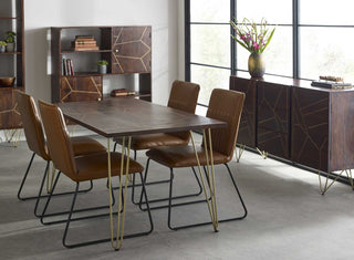 Solid Wood Rectangular Dining Table, Walnut Finish & Brass Inlay