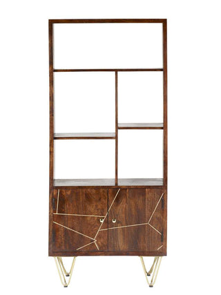 Solid Wood & Brass Inlay Bookcase, Walnut Finish