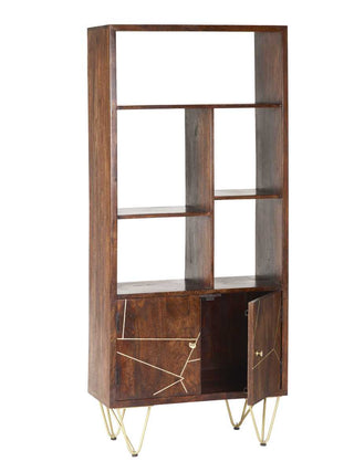 Solid Wood & Brass Inlay Bookcase, Walnut Finish
