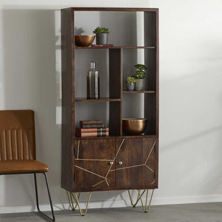 Solid Wood & Brass Inlay Bookcase, Walnut Finish