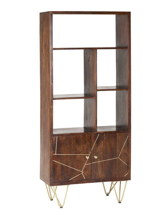 Solid Wood & Brass Inlay Bookcase, Walnut Finish