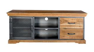Industrial TV Unit – Sandblasted Acacia Wood & Gun Metal Frame