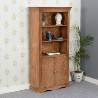 Hand-Carved Mango Wood Bookcase with Cupboard