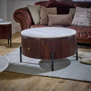 Mango Wood Fluted Coffee Table with Marble Top & Metal Legs