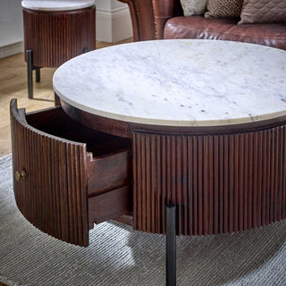 Mango Wood Fluted Coffee Table with Marble Top & Metal Legs