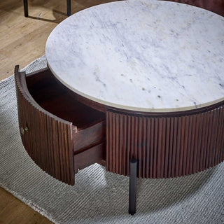 Mango Wood Fluted Coffee Table with Marble Top & Metal Legs