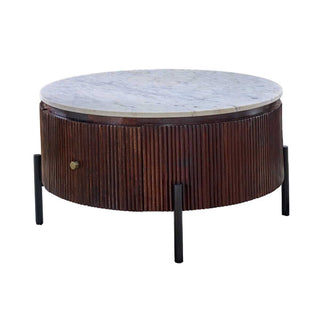 Mango Wood Fluted Coffee Table with Marble Top & Metal Legs