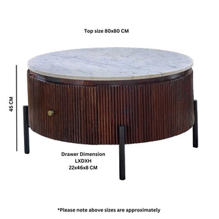 Mango Wood Fluted Coffee Table with Marble Top & Metal Legs