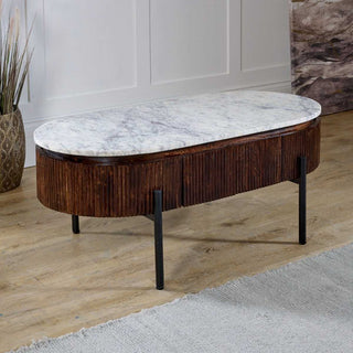 Mango Wood Fluted Coffee Table with Marble Top & Metal Legs