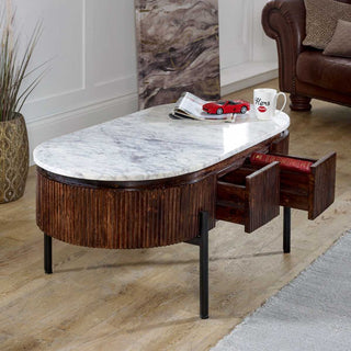 Mango Wood Fluted Coffee Table with Marble Top & Metal Legs