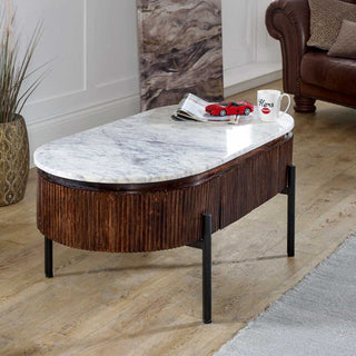 Mango Wood Fluted Coffee Table with Marble Top & Metal Legs