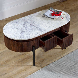 Mango Wood Fluted Coffee Table with Marble Top & Metal Legs