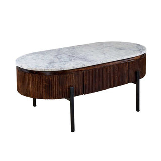 Mango Wood Fluted Coffee Table with Marble Top & Metal Legs