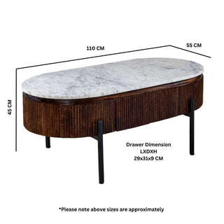 Mango Wood Fluted Coffee Table with Marble Top & Metal Legs