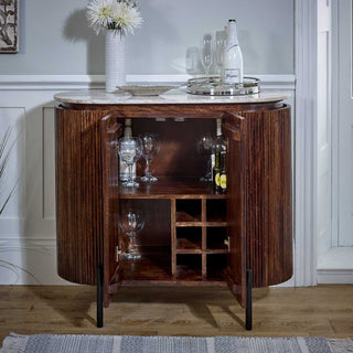 Mango Wood Bar Cabinet, Marble Top & Metal Legs
