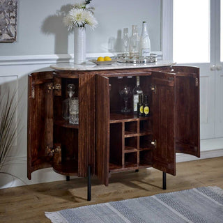 Mango Wood Bar Cabinet, Marble Top & Metal Legs