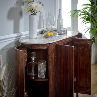 Mango Wood Bar Cabinet, Marble Top & Metal Legs