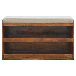 Mango Wood Upholstered Seat Shoe Storage Bench in Chestnut Finish