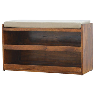 Mango Wood Upholstered Seat Shoe Storage Bench in Chestnut Finish