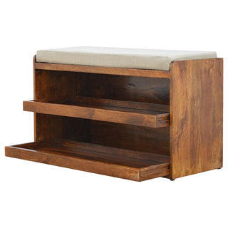 Mango Wood Upholstered Seat Shoe Storage Bench in Chestnut Finish